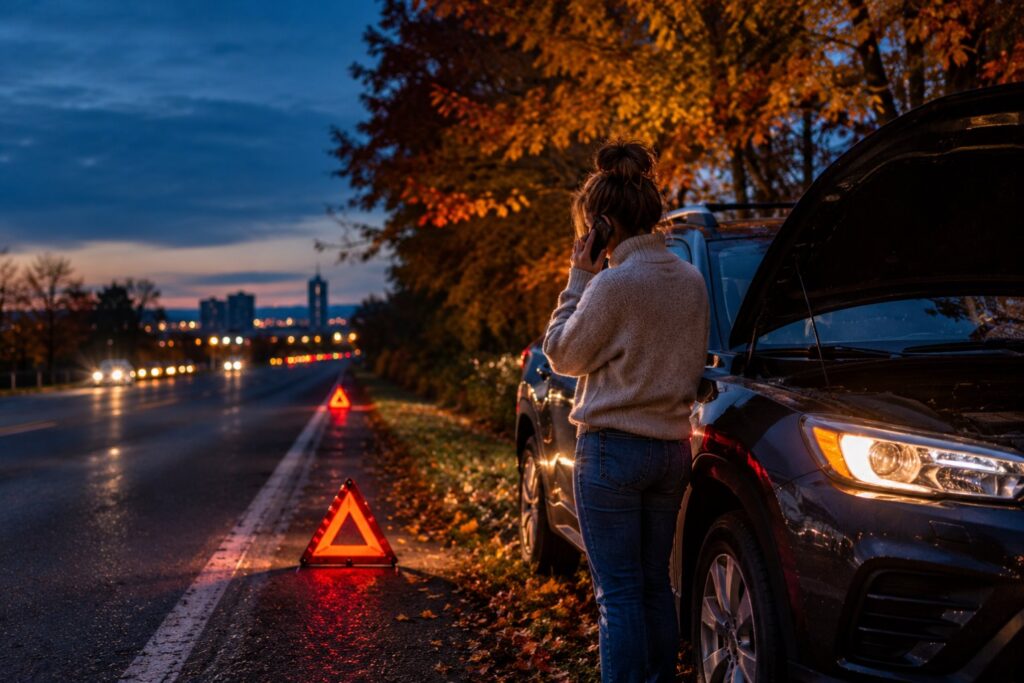 Disabled vehicle with hazard lights on in a parking area after dark